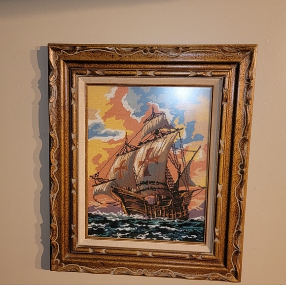 BEAUTIFUL ANTIQUE FRENCH CROSS TAPESTRY SHIP  ON SEA 23X26 - Picture 5 of 8